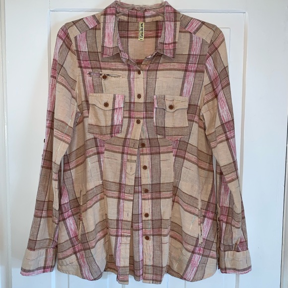 Free People Pale Pink Plaid Utility Button Down - Picture 2 of 16